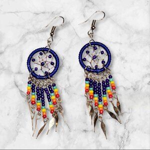 Dream Catcher Earrings Navy Blue with Multi Colored Beads [LWDCE-002]